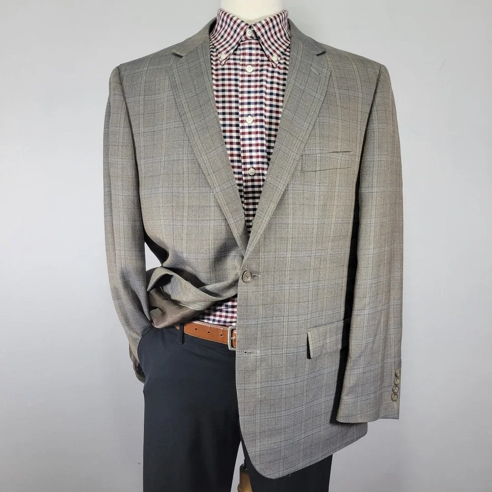 Joseph Feiss Men's Sport Coat Blazer Two Button Brown Plaid Wool Classic 46R